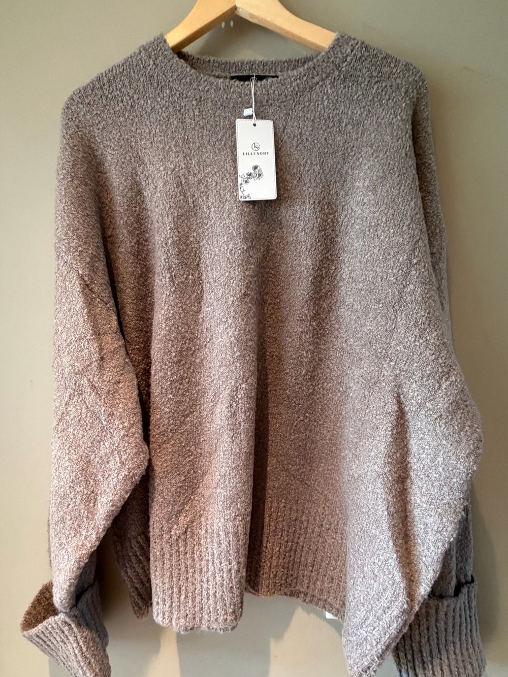 LILLUSORY Taupe Bouclé Oversized Crewneck Sweater - Relaxed Fit L NWT